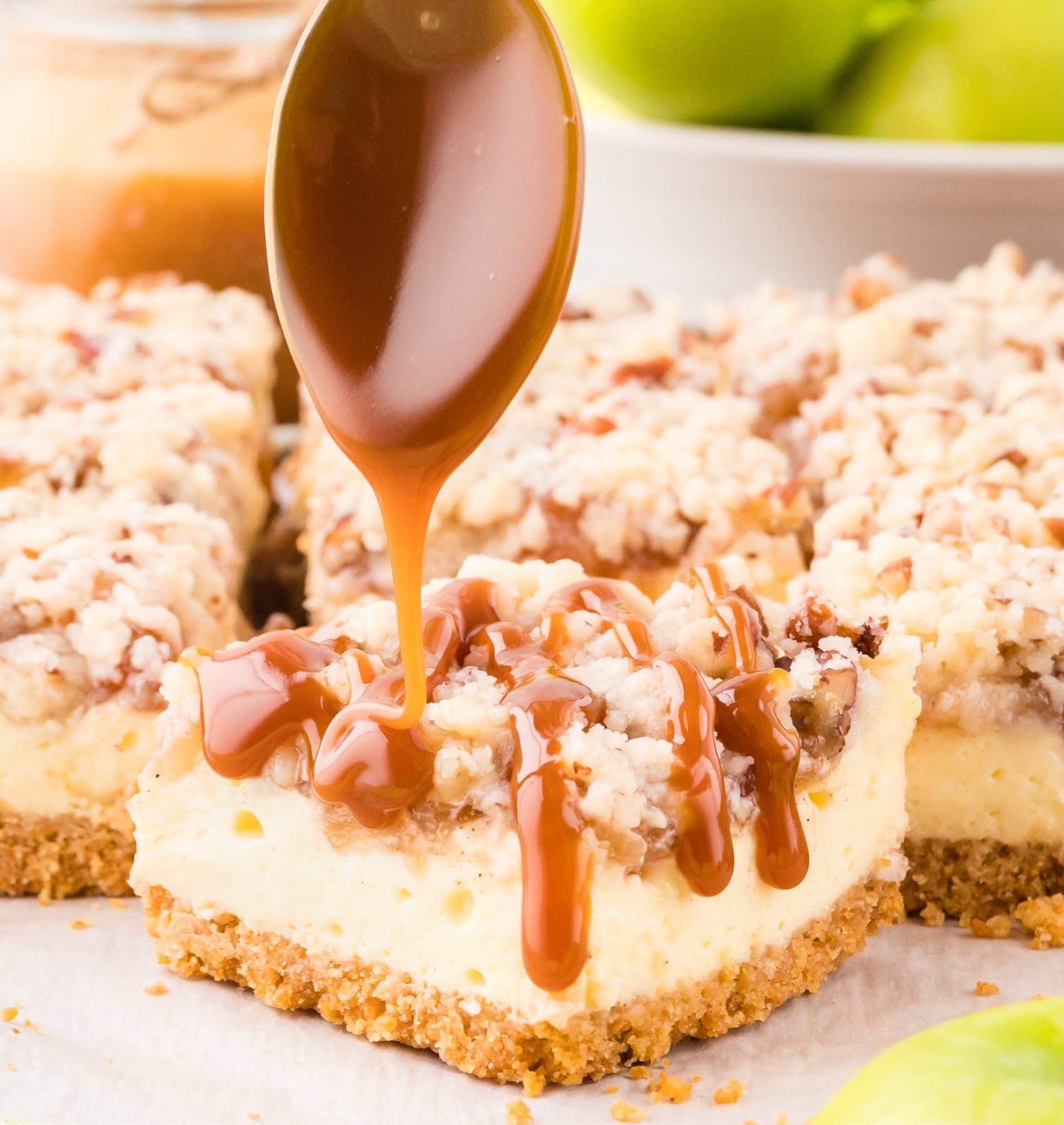 Caramel Apple Cheesecake with caramel drizzled on top