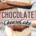 Layered chocolate cheesecake with ganache on a cake stand.