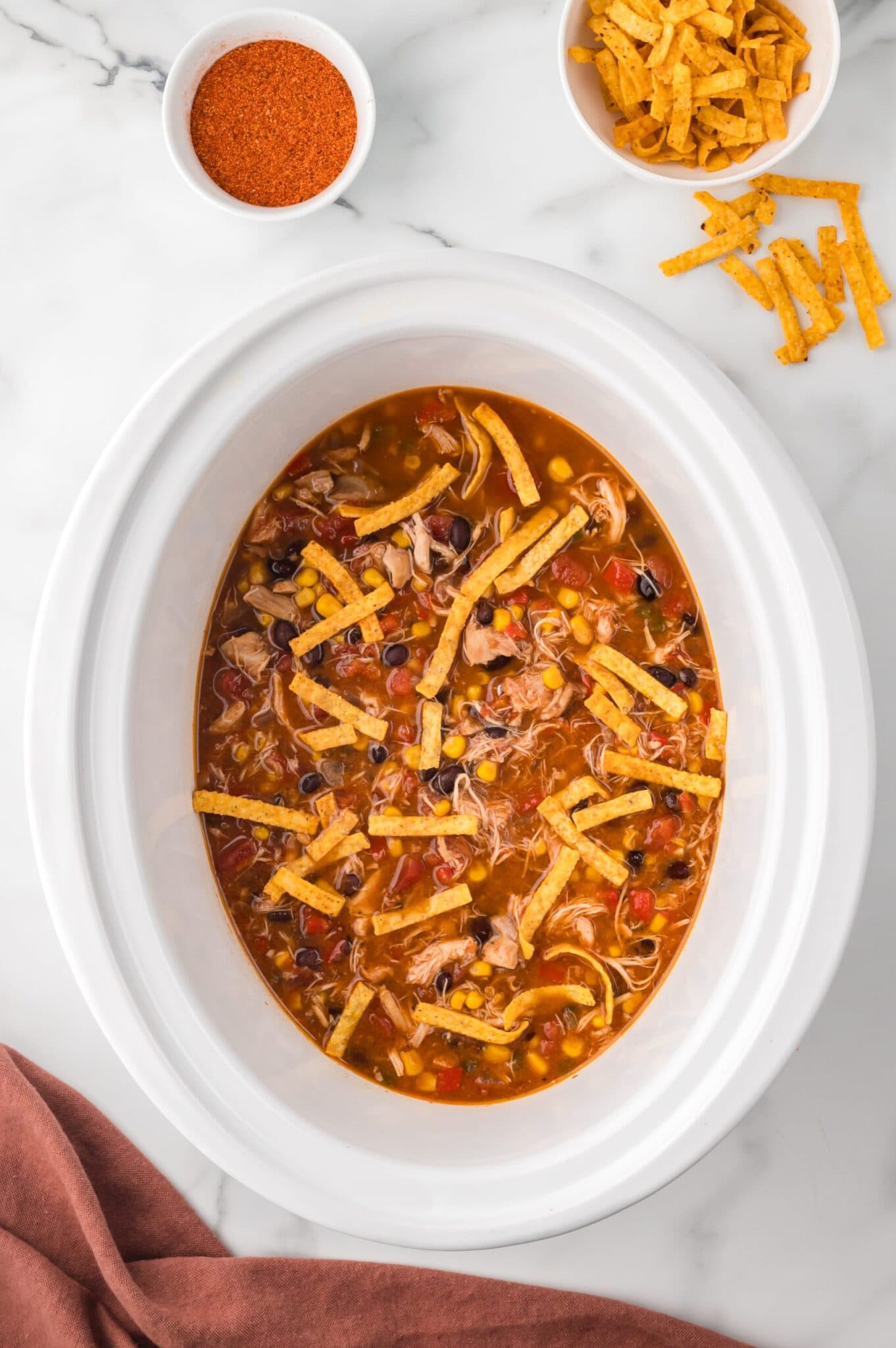 Finished Chicken tortilla soup in slow cooker