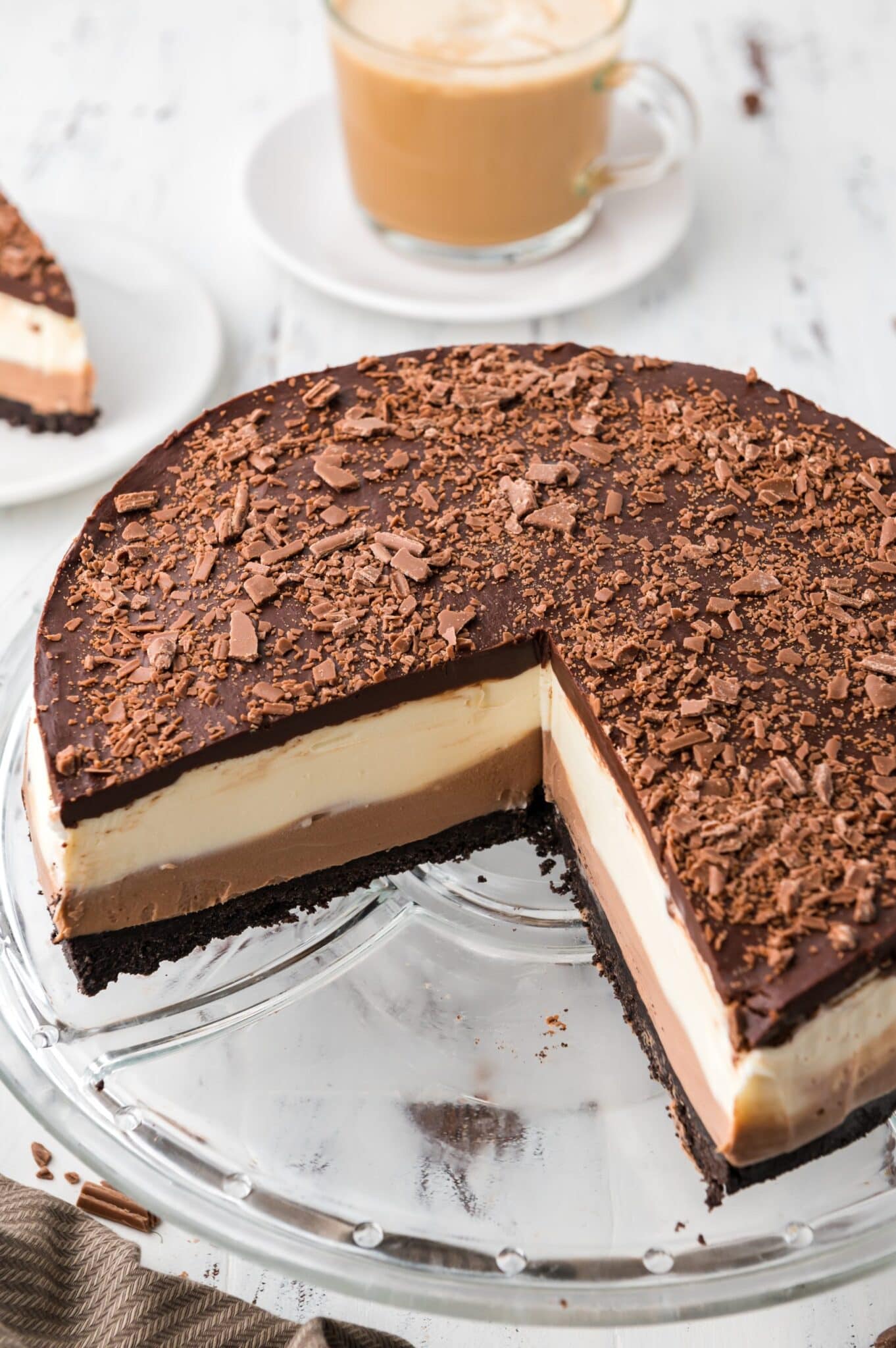 Inside shot of the layers in the no bak chocolate cheesecake 