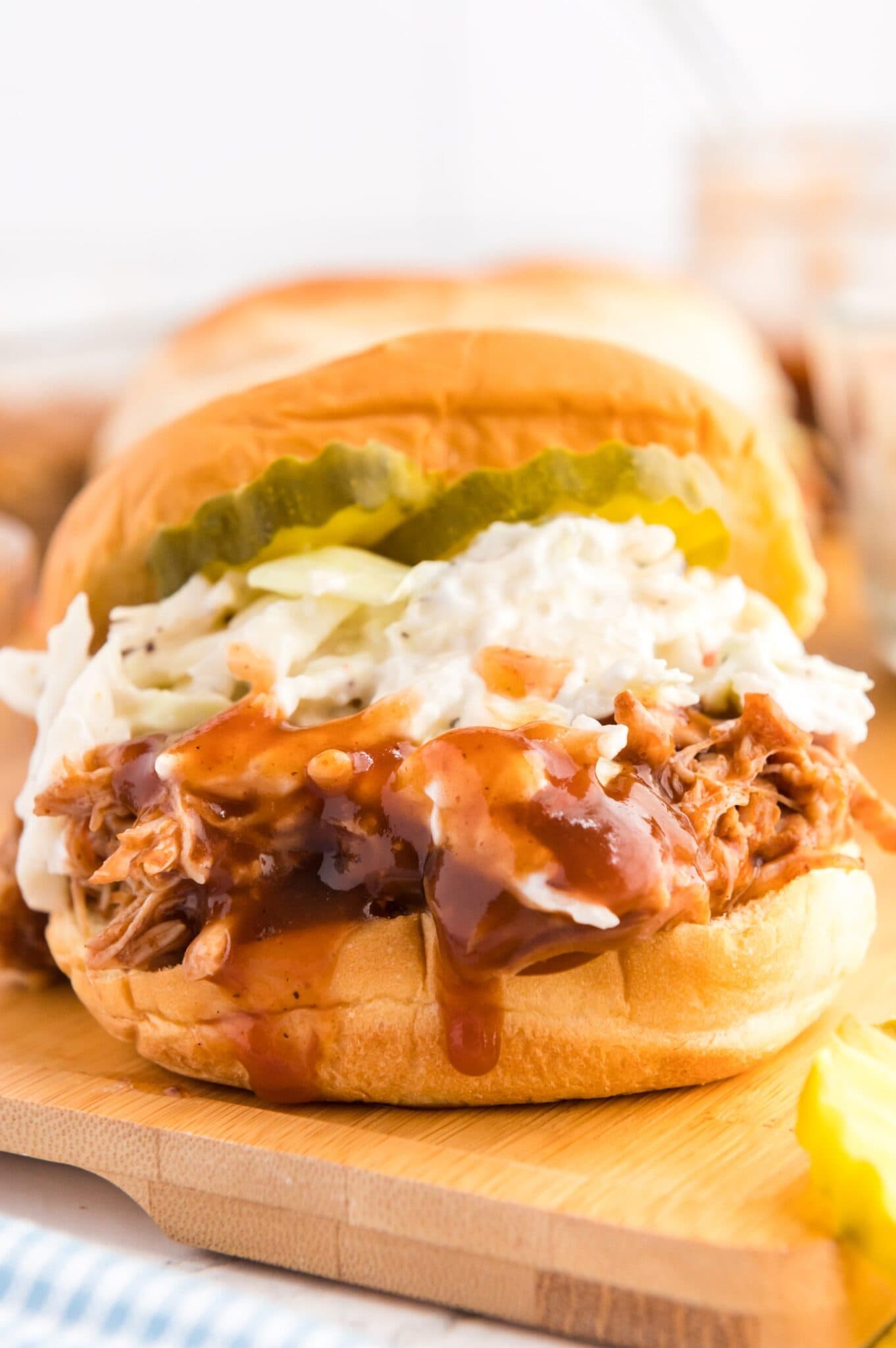 up close of pulled pork sandwich made with the instant pot