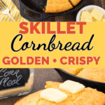 1. Golden, crispy skillet cornbread cut into wedges in a cast-iron pan and served warm with pats of butter.