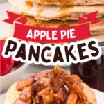 Stack of apple pie pancakes topped with warm cinnamon apples as maple syrup pours over the top.