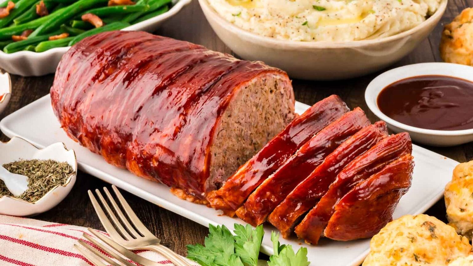 A glazed meatloaf, partially sliced, is presented on a rectangular white platter. Surrounding it are bowls of green beans, mashed potatoes, and dipping sauce. Fresh herbs and a napkin are in the foreground, and biscuits are in the background.