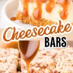 A rich caramel apple cheesecake bar topped with golden streusel and thick caramel drizzle, served on a small white plate. Text overlay reads “Caramel Apple Cheesecake Bars” with the website “www.tessiestable.com.”