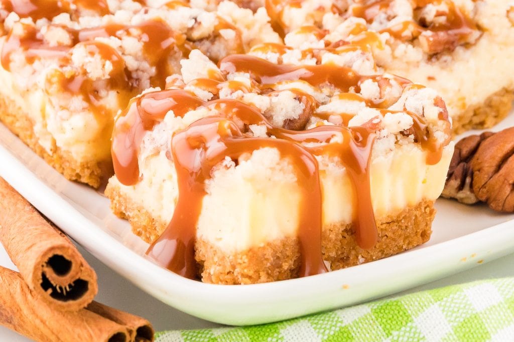 Caramel Apple Cheesecake Bars by Tessie's Table.