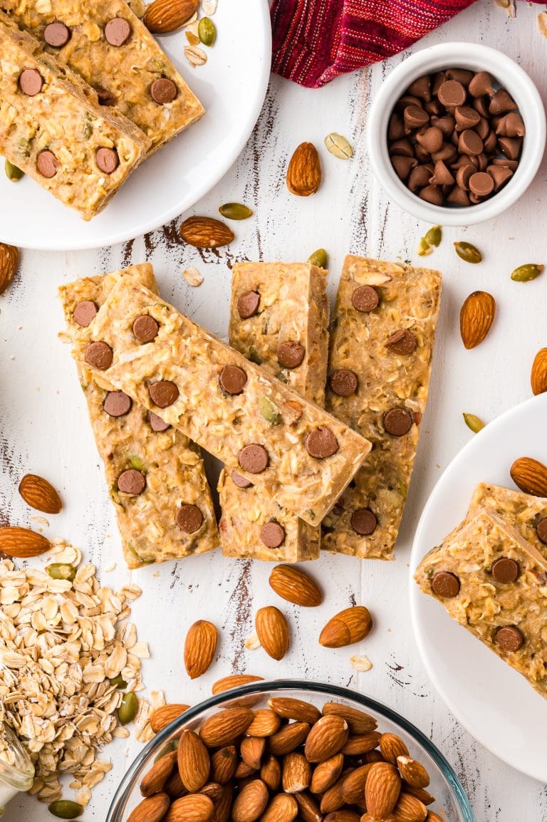 Baked granola bars on a table and plates.