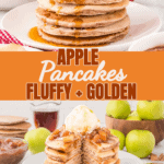 Fluffy apple pancakes topped with cinnamon apples and maple syrup, plus a second stack served with vanilla ice cream.