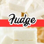 A close-up of thick white coconut fudge squares stacked with shredded coconut on top.