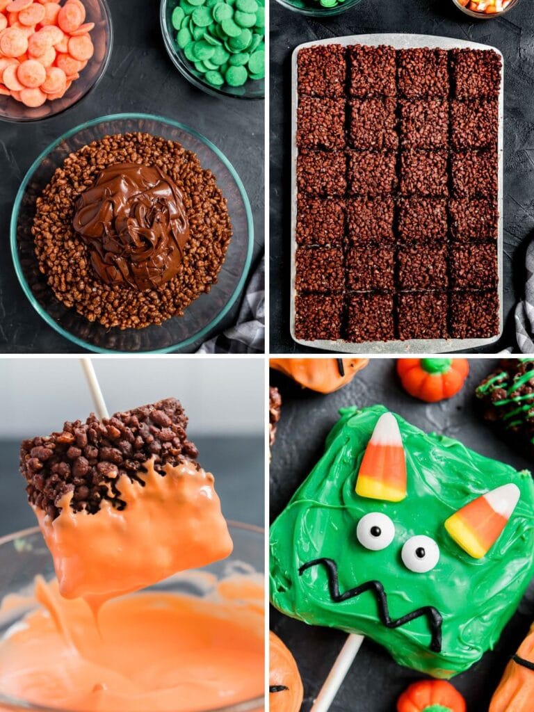 Four step photos showing melted chocolate over chocolate rice cereal, the chilled cereal cut into squares on a sheet pan, a square dipped in orange candy melts, and a finished green monster treat with candy corn horns by Tessie's Table.