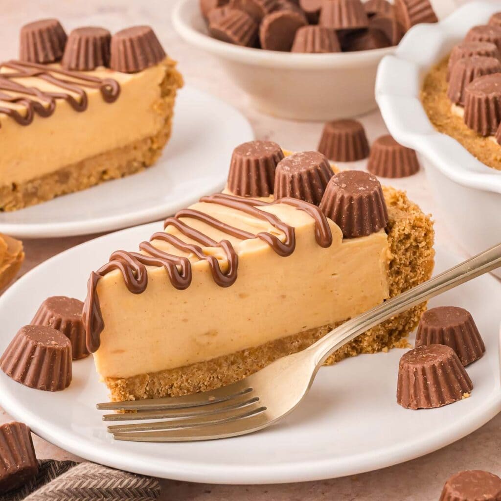 A side shot of a slice of peanut butter pie with a fork beside it.