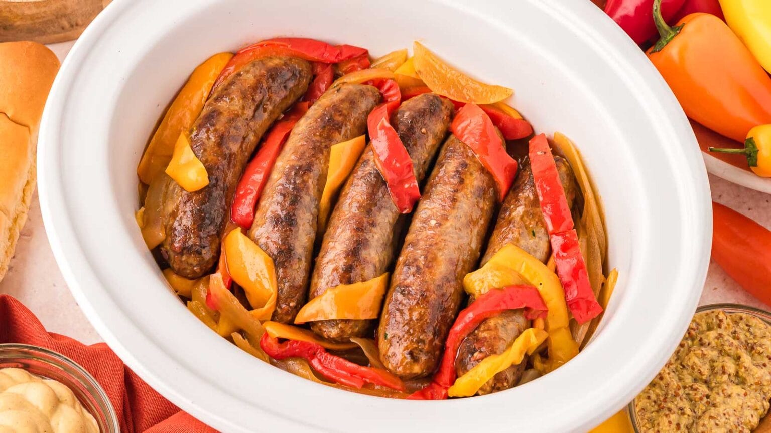 A slow cooker filled with browned sausages, sliced red, yellow, and orange bell peppers, and onions. The sausages are nestled among the peppers and onions, showing a hearty and colorful meal. Nearby, there's a bowl of mustard and fresh bell peppers.