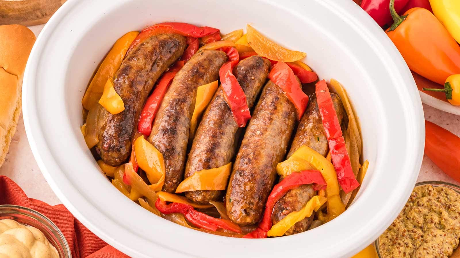 Slow Cooker Bratwurst with Onions and Peppers