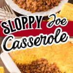 Sloppy joe casserole with seasoned ground beef and cornbread topping served on a white plate with a baking dish in the background.