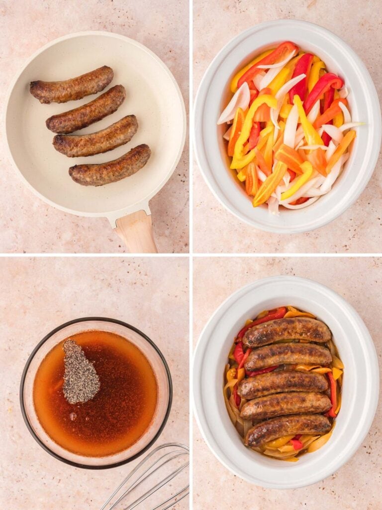 Four step photos showing bratwursts browned in a skillet, sliced peppers and onions in a slow cooker, the broth, mustard and seasonings in a glass bowl, and the browned brats laid on top of the peppers and onions for slow cooker bratwurst by Tessie's Table.