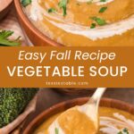 Creamy homemade vegetable soup with a cream swirl and fresh parsley in a wooden bowl, an easy fall recipe by Tessie's Table.