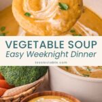 Ladle of creamy blended vegetable soup lifted over a bowl garnished with parsley, an easy weeknight dinner by Tessie's Table.