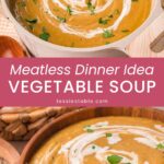 Pot of creamy vegetable soup with a cream swirl and parsley, a meatless dinner idea by Tessie's Table.