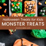 Rows of green and orange monster treats with candy eyes, candy corn horns and spider web icing by Tessie's Table.