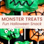 Close-up of a green monster treat with three candy eyes, candy corn horns and a zigzag icing mouth by Tessie's Table.