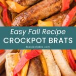 Crockpot brats with peppers and onions and a bratwurst served in a bun, an easy fall slow cooker dinner by Tessie's Table.