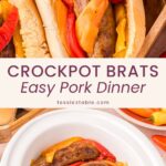 Slow cooker bratwurst in a bun with peppers and a white crockpot full of brats and peppers, an easy pork dinner by Tessie's Table.