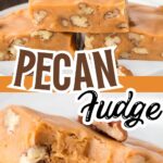 A slice of butterscotch fudge with whole pecans peeking through, giving a perfect preview of its rich and nutty texture.