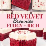 Red velvet brownies with cream cheese swirl sliced on a white plate.