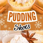 Small cups of eggnog pudding shots with whipped cream on a holiday tray.