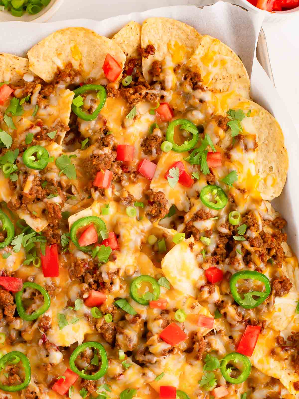 Overhead shot of Beef Nachos in a tray.