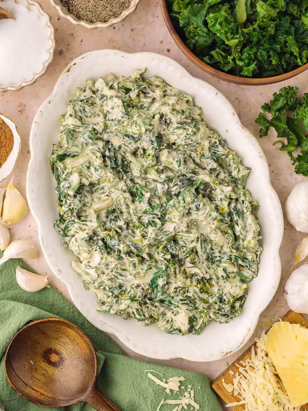 Overhead shot of Creamed Kale on a serving platter.