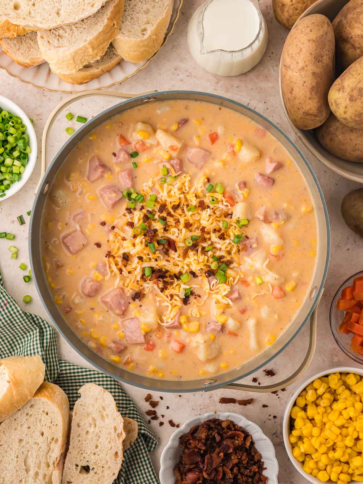 Over head shot of Ham and Corn Chowder.