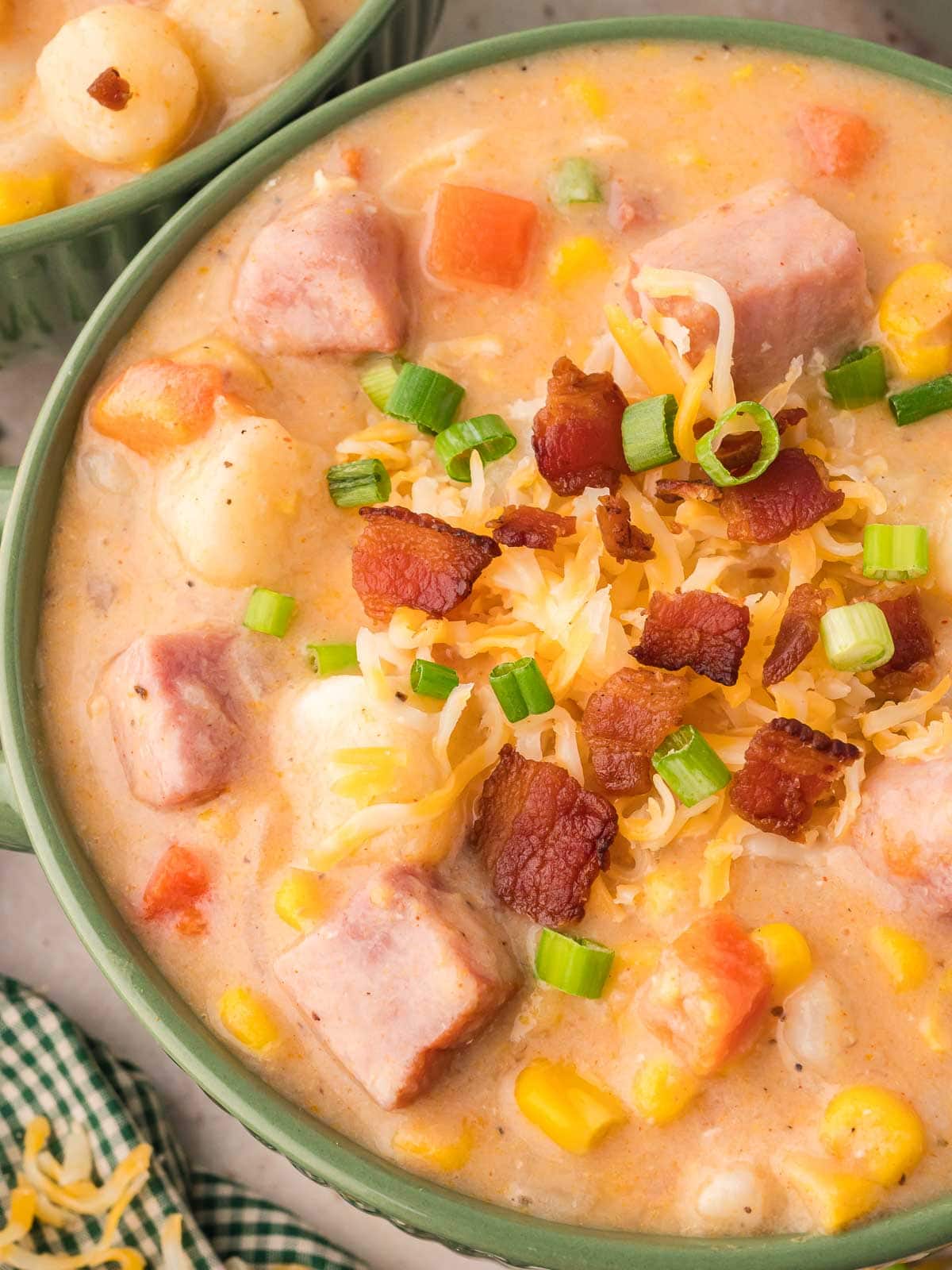 Up close of Ham and Corn Chowder in a bowl.