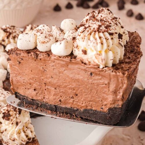 A slice of Hot Chocolate Pie being lifted out of the pie.