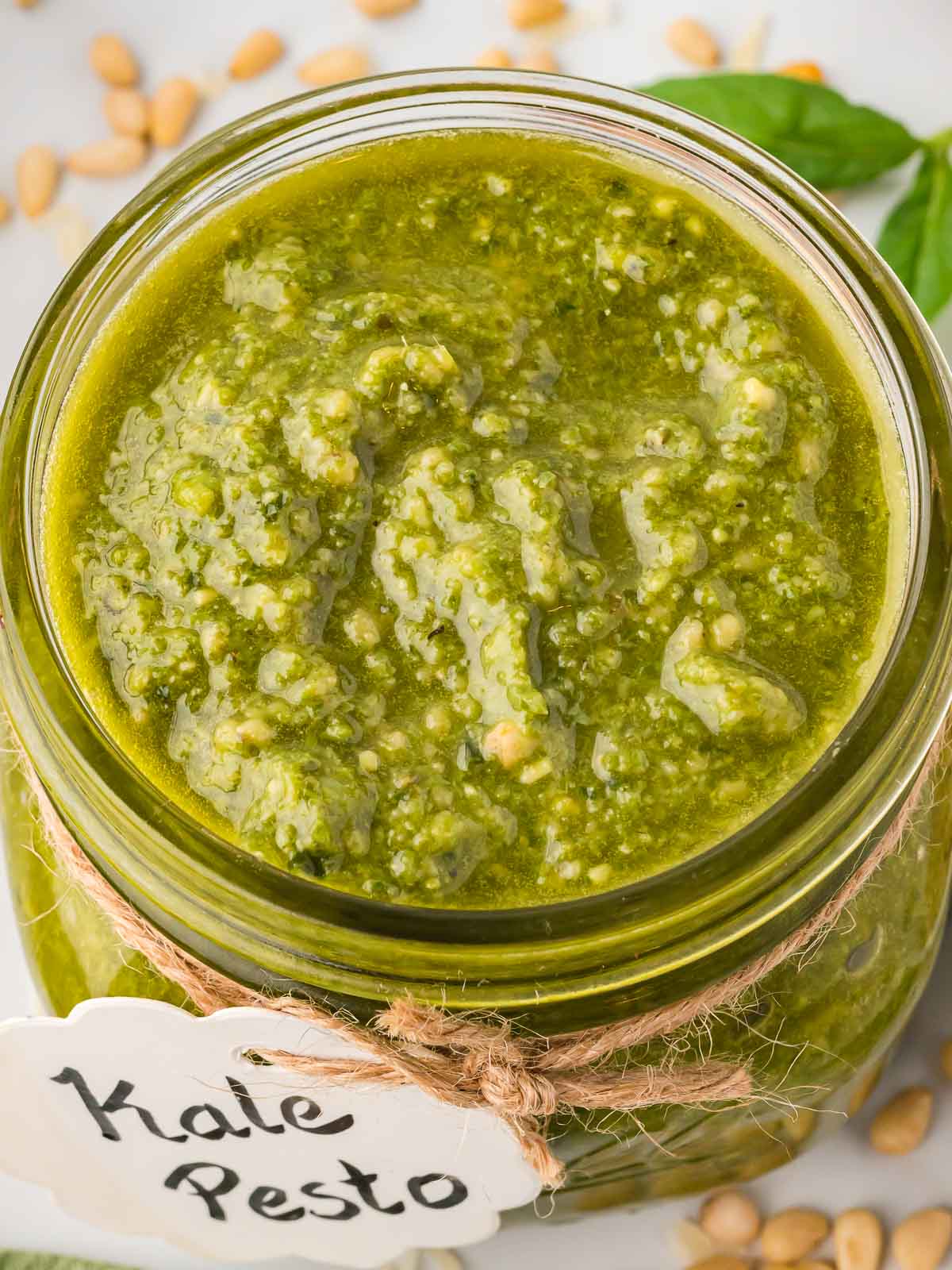 Up close of a jar of Kale Pesto.