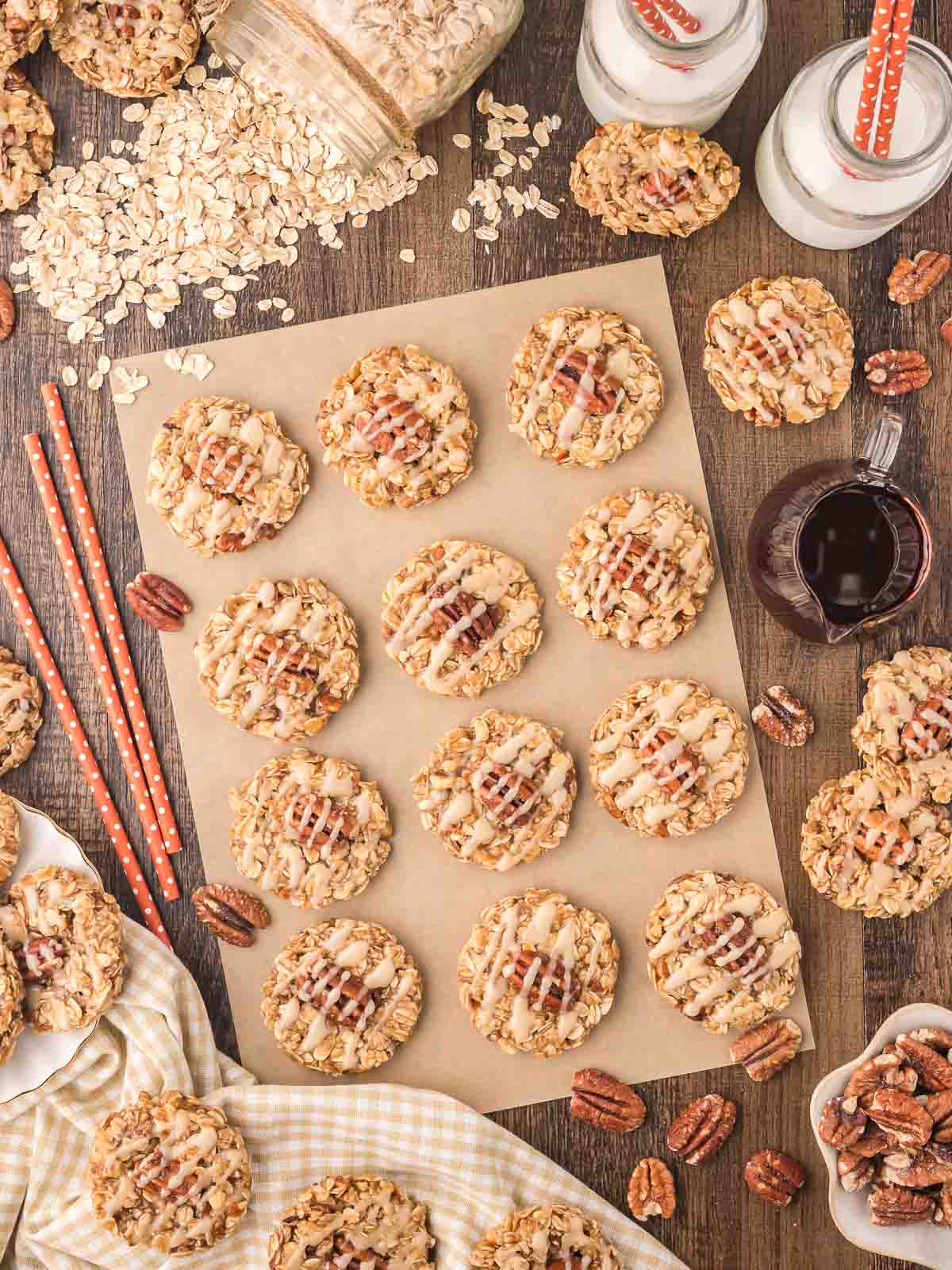 Overhead of Maple Pecan No Bake Cookies on a wooden table.