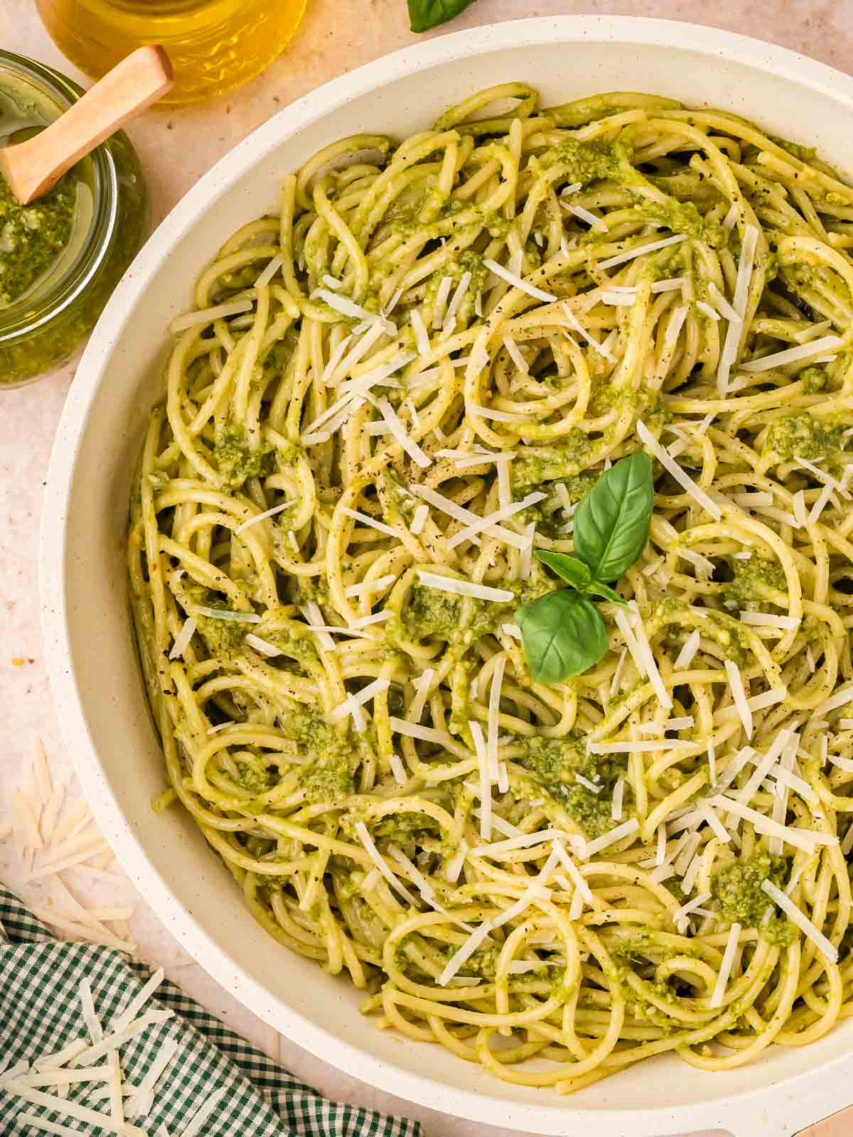 Up close of Pesto Pasta in a pan.