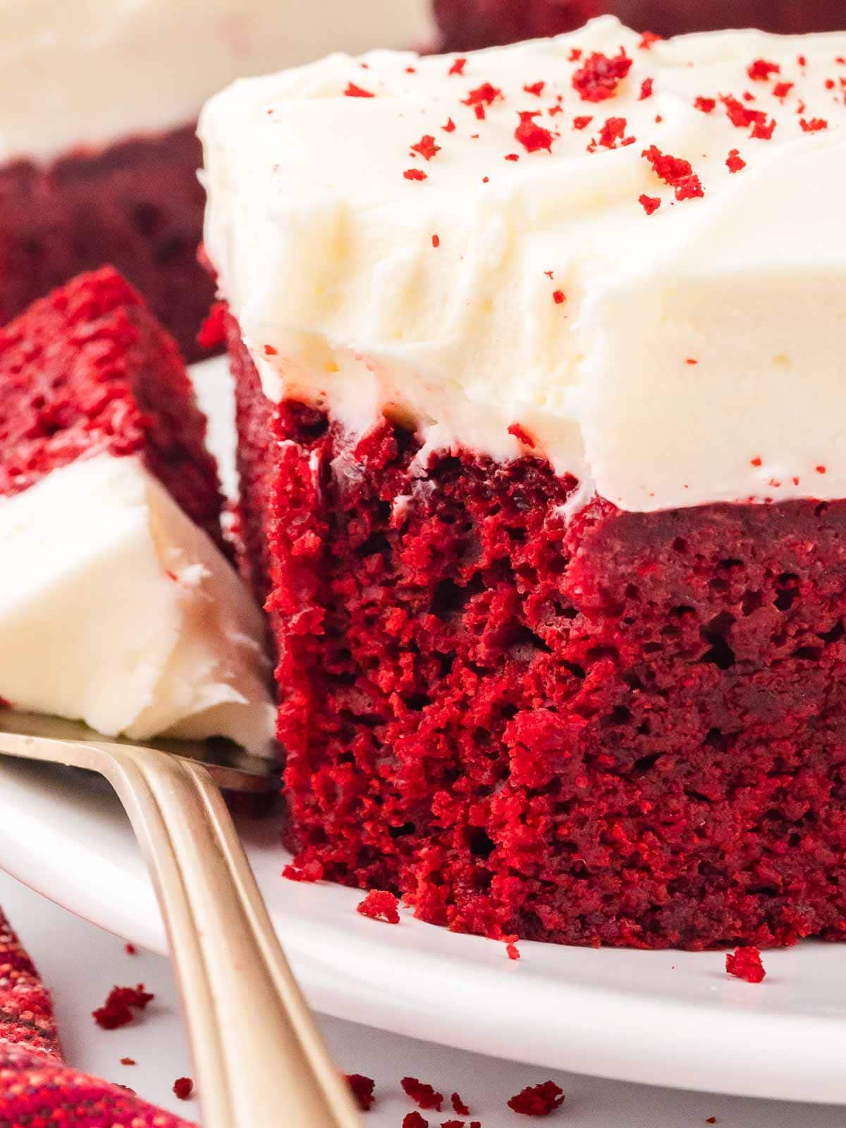 the inside of a Red Velvet Brownie after a forkful has been removed.