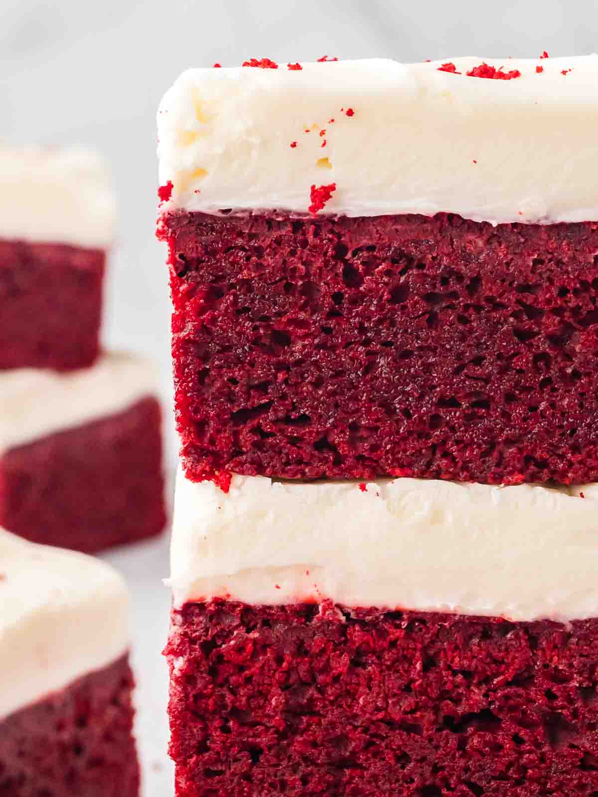 Up Close of stacked Red Velvet Brownies.