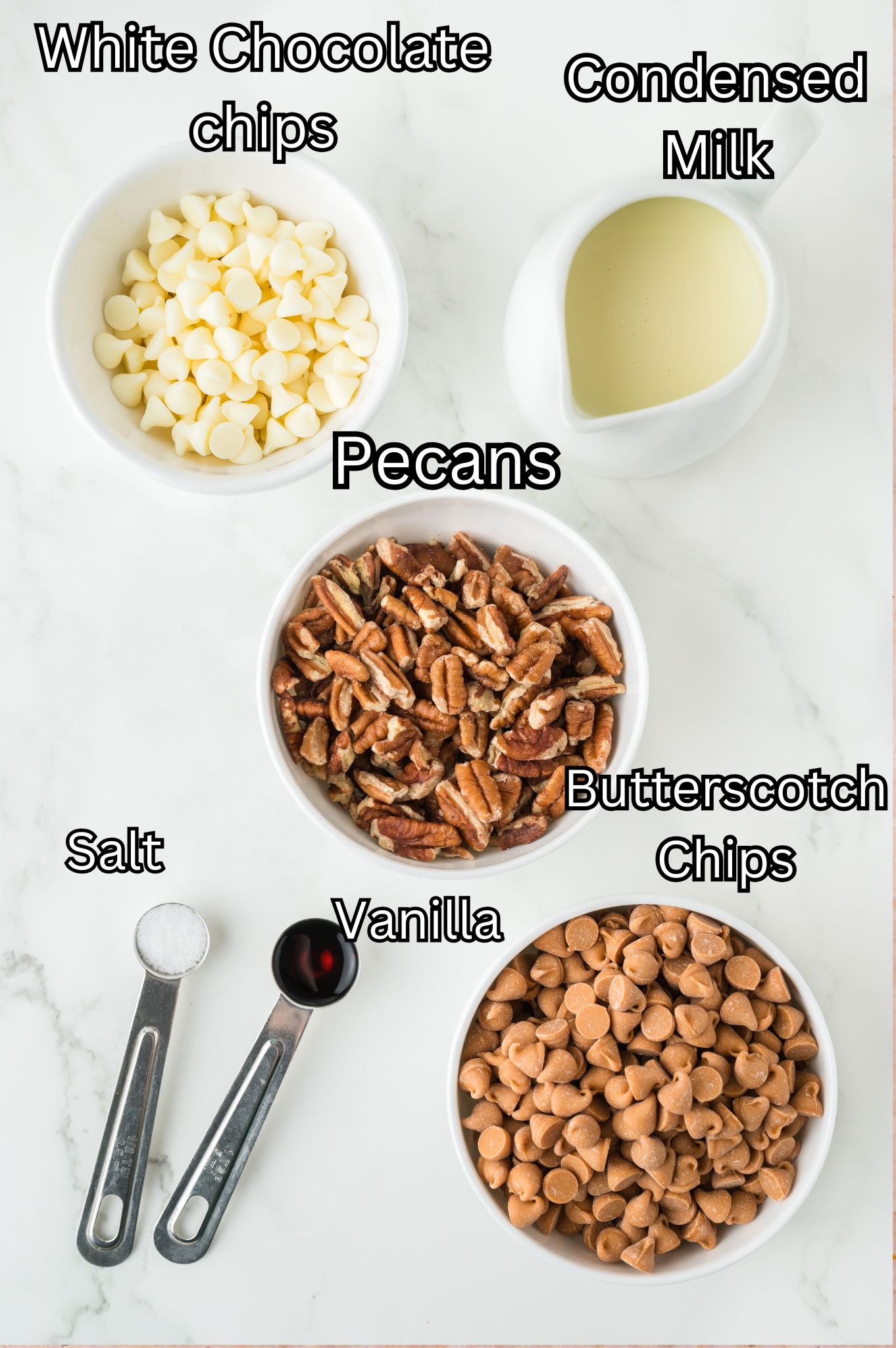 Ingredients for butterscotch pecan fudge.