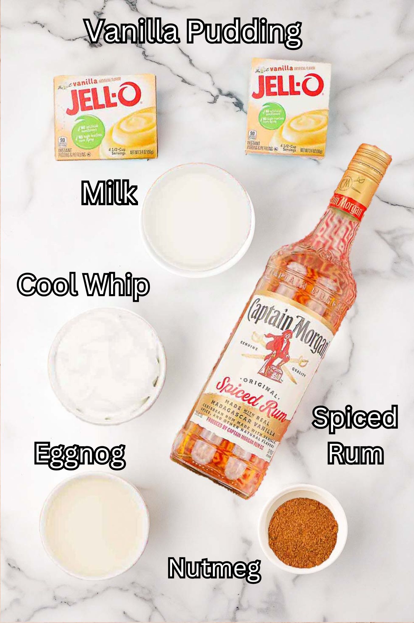 Ingredients for Homemade Eggnog Pudding Shots.