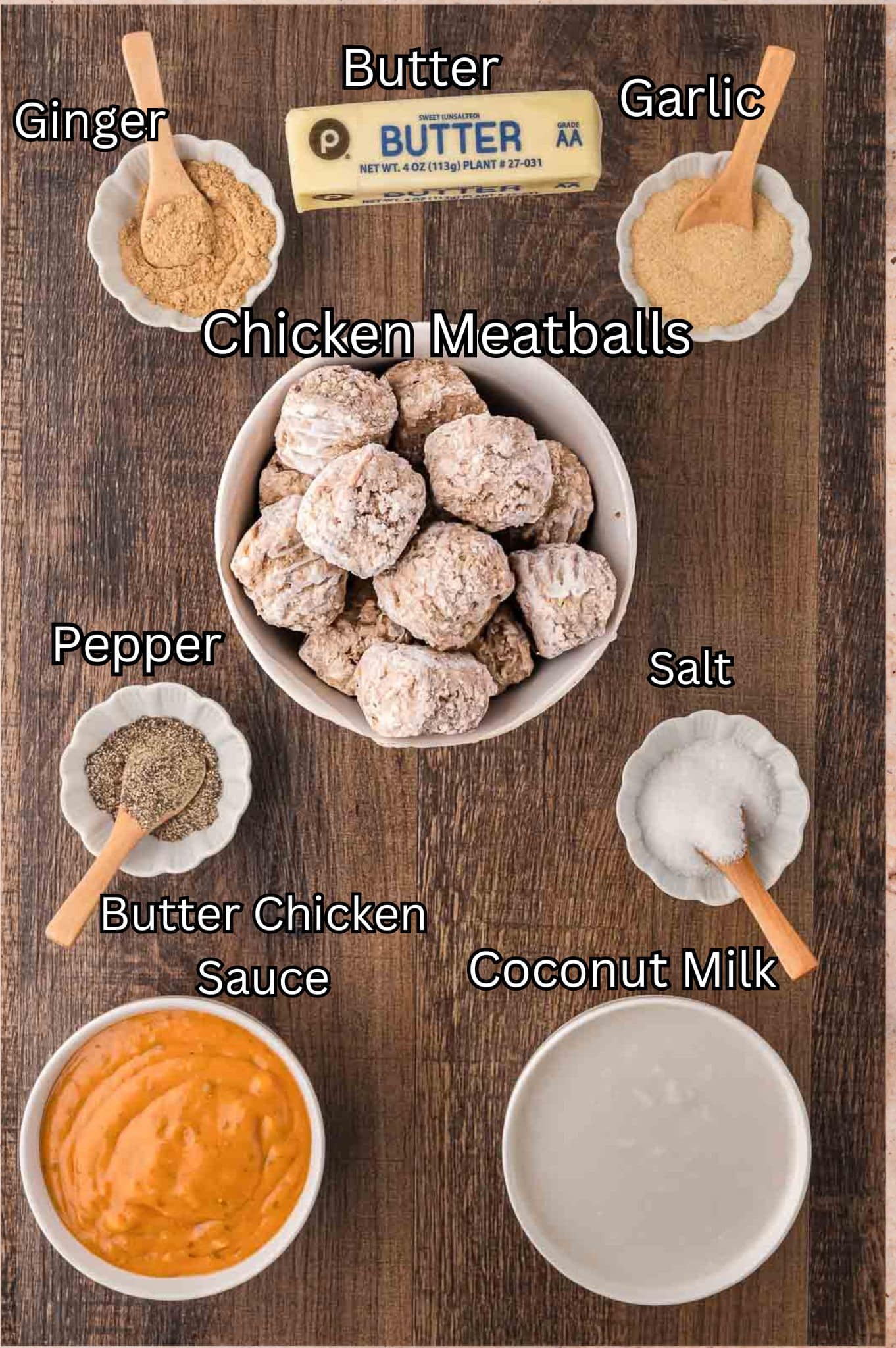 Ingredients needed to make Slow Cooker Butter Chicken Meatballs.