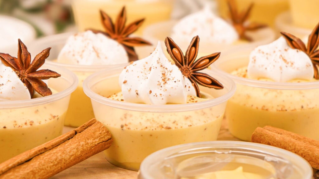 Eggnog Pudding Shots by Tessie's Table.