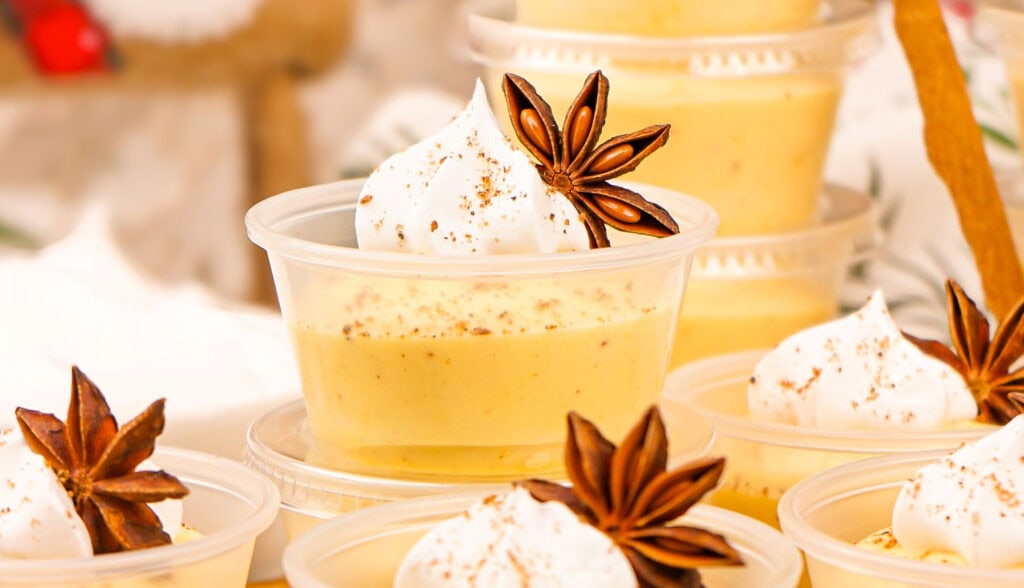 Eggnog Pudding Shots by Tessie's Table.