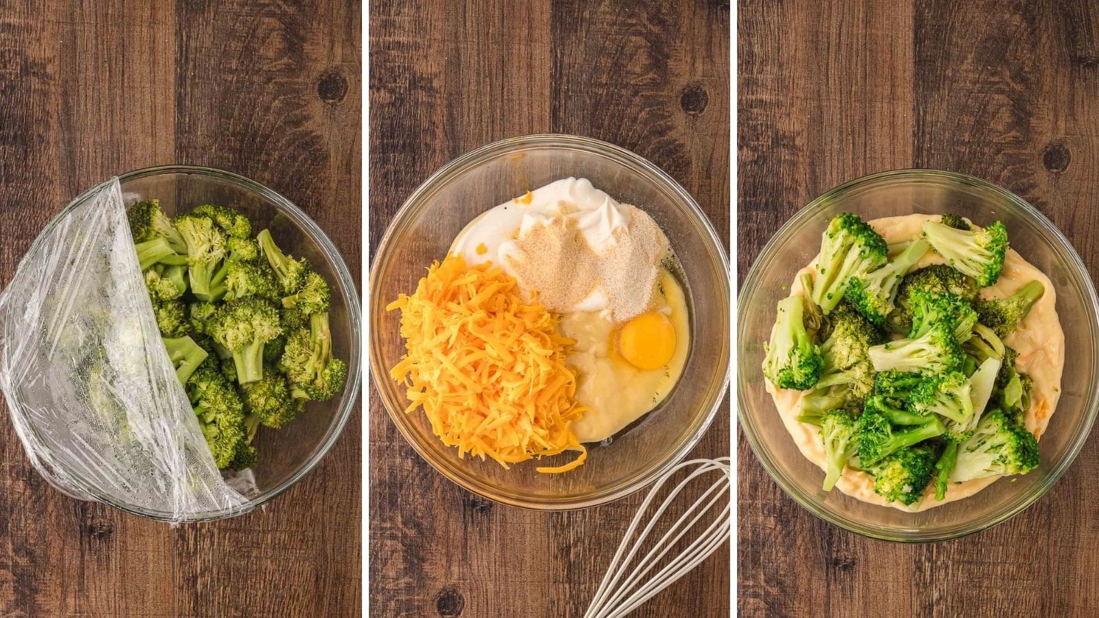 Three step photos showing steamed broccoli in a covered glass bowl, cream of chicken soup, mayonnaise, egg, cheddar and seasonings in a mixing bowl, and broccoli added to the cheese sauce for Southern Broccoli Casserole by Tessie's Table.
