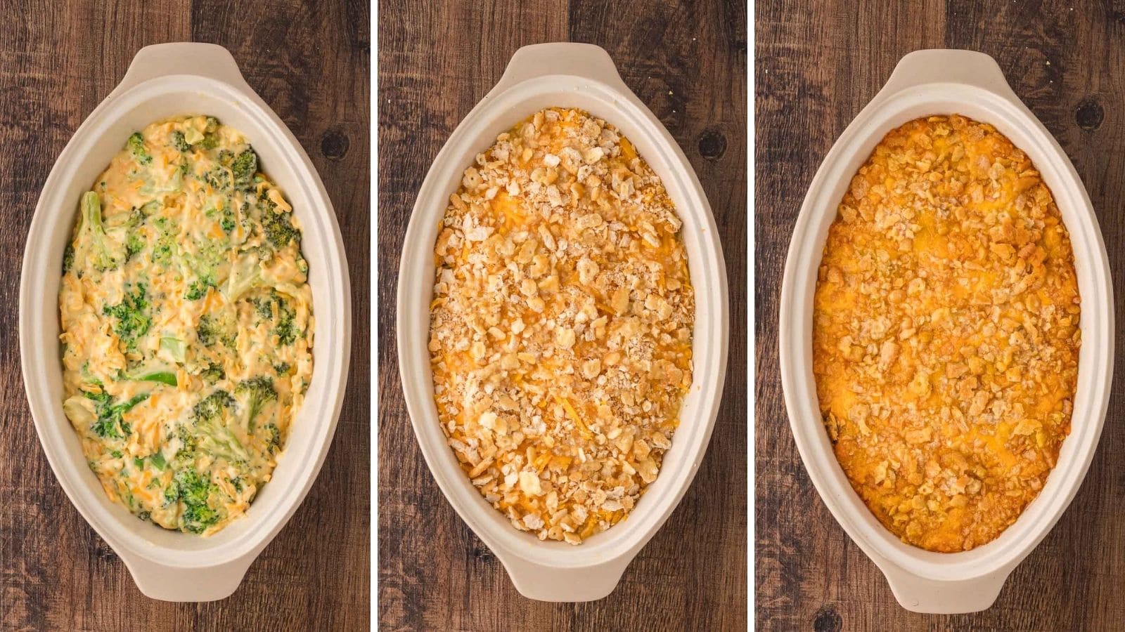 Three step photos showing the broccoli cheese filling in an oval baking dish, the casserole topped with cheddar and Ritz cracker crumbs, and the golden baked Southern Broccoli Casserole by Tessie's Table.