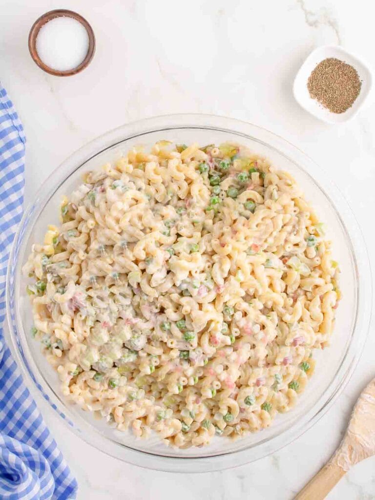 Macaroni Salad mixed in a bpwl.