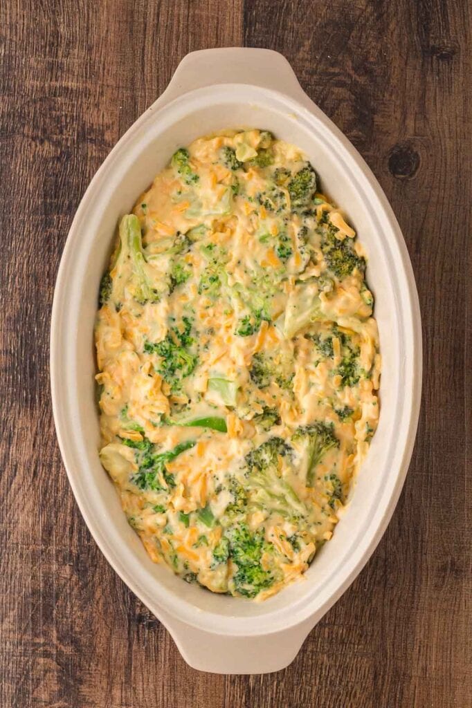 The filling for Southern Broccoli Casserole. in a casserole dish without the ritz cracker topping.