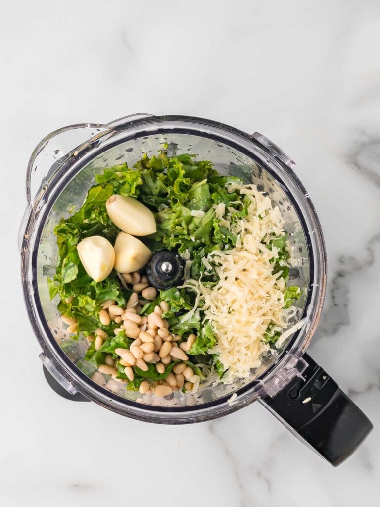 All the ingredients to make Kale Pesto except the oil in a food blender.