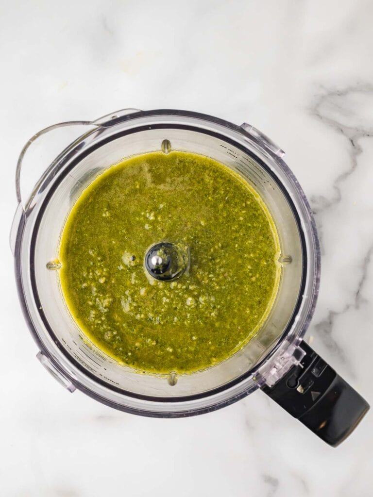 Kale Pesto blended up in a food porcessor.